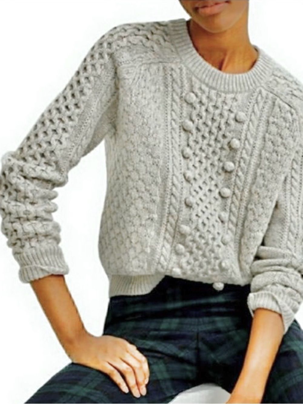 J. Crew Light Gray Lambswool Blend Cable Knit Crewneck Sweater Sz S Fisherman